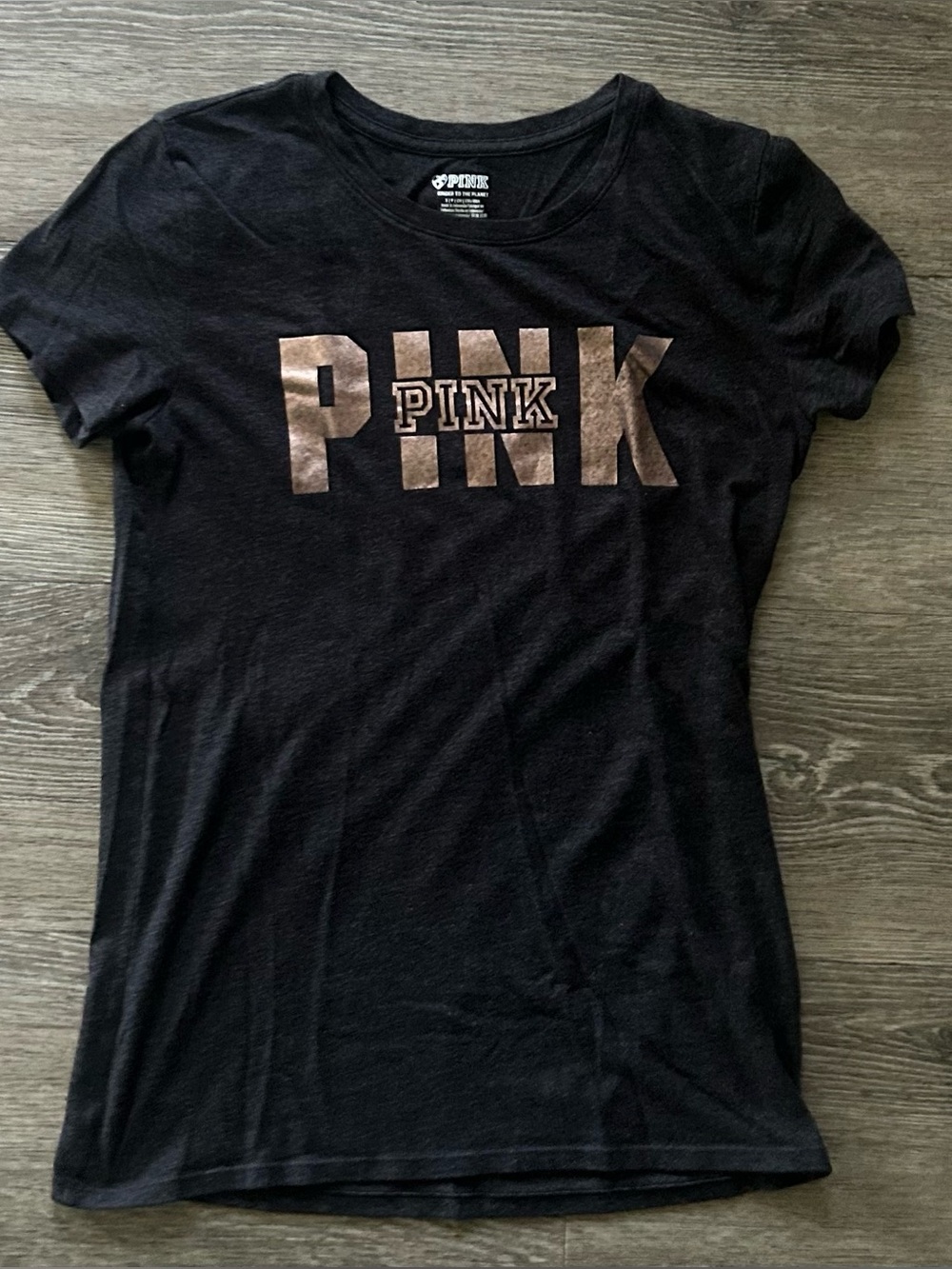 PINK Victoria's Secret Metallic Logo Black Short Sleeve Tee ‼️FLAWED‼️